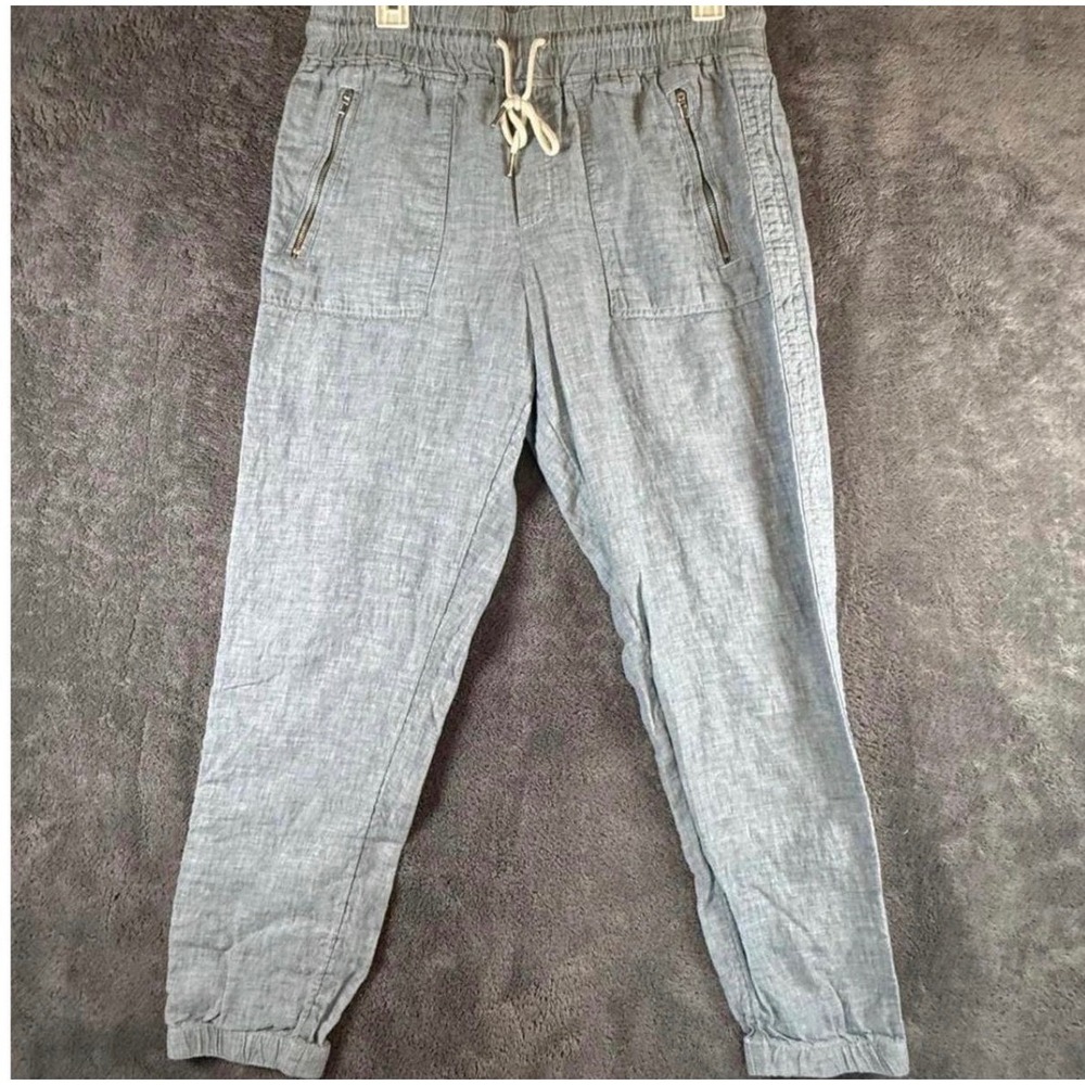 Athleta Cabo Linen Jogger Pants Blue Chambray Size 8 Drawstring Pockets